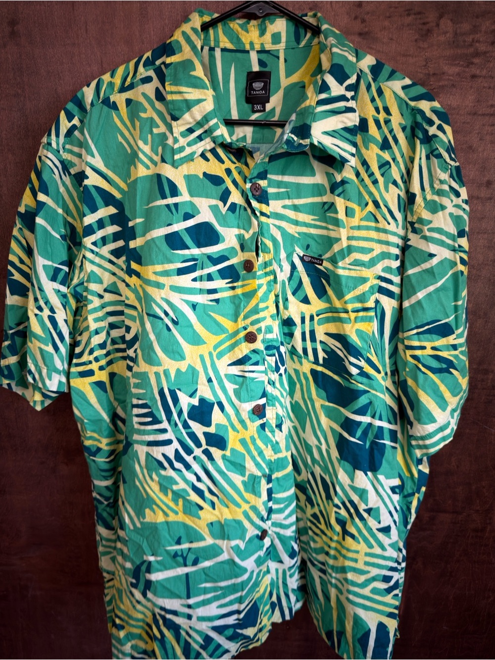 Tano Tropical Green and Yellow Leaf Print Button-Down Shirt (1015)